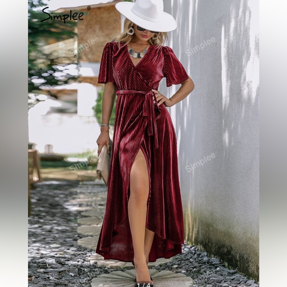 Simplee burgundy velvet wrap maxi dress size L
